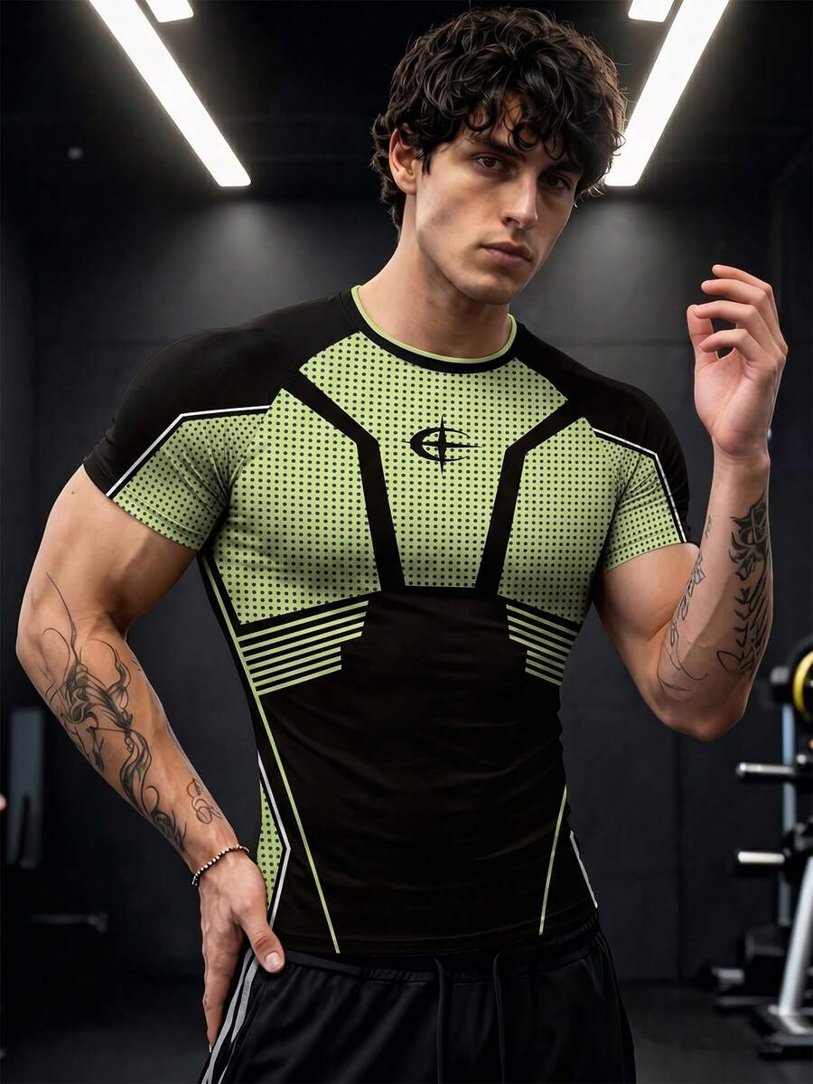 GymBeat Kaos Olahraga Lengan Pendek Raglan Motif Polkadot & Garis untuk Pria - MultiWarna - View 1