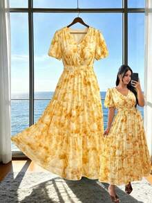 Modelyn Elegant All-Over Print Chiffon V-Neck Long Sleeve Ruched A-Line Maxi Dress, Regular Fit, Spring/Summer, Plus Size - Yellow - View 1