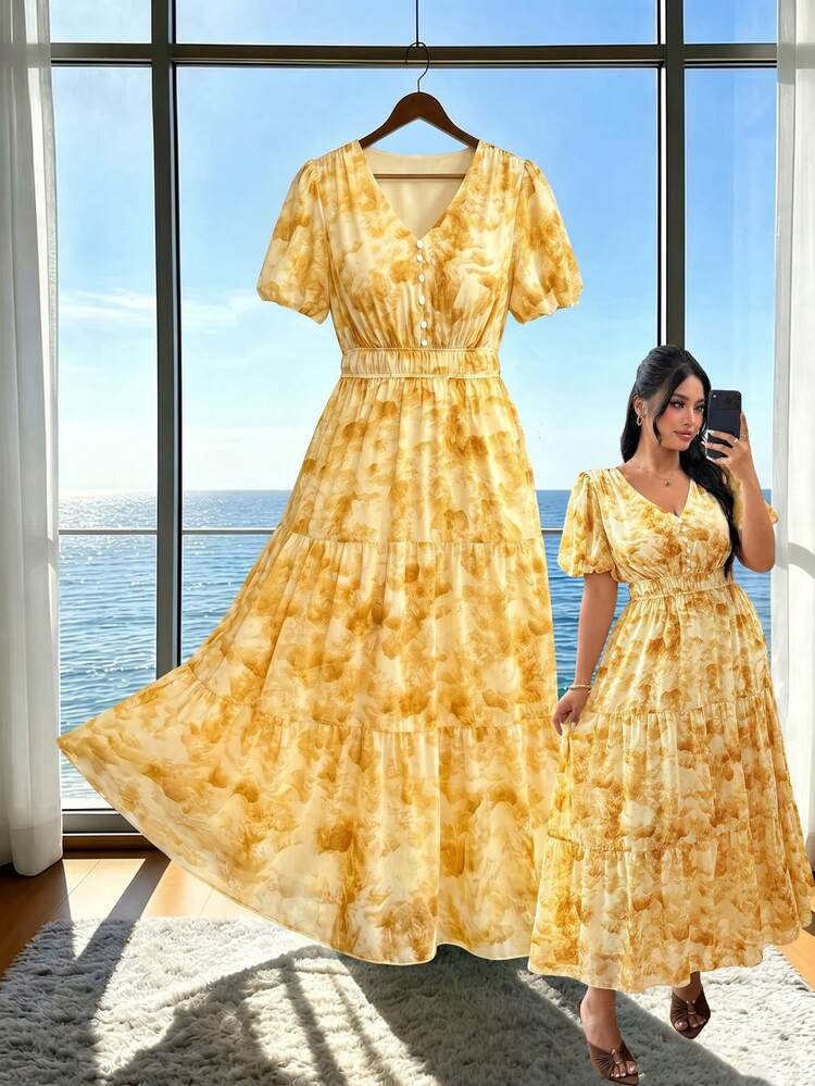 Modelyn Elegant All-Over Print Chiffon V-Neck Long Sleeve Ruched A-Line Maxi Dress, Regular Fit, Spring/Summer, Plus Size - Yellow - View 1