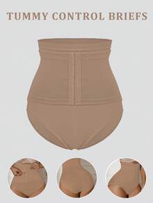 SHEIN 1件無縫高腰收腹提臀塑形內褲，前開扣設計 - 卡其色 - 查看 7