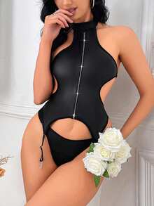 Spicy Aura Women's Goth Zipper Detail Halter Neck Sexy Lingerie Set - Black - View 5