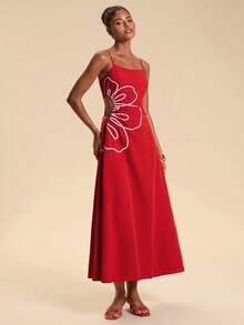 Travachic Vacation Petal Embroidery Cutout Ruched Cami Dress Vacation Red Floral Summer Elegant - Red - View 4