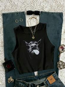 INAWLY Women Dog Print Casual Versatile Top - Black - View 3
