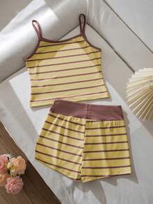 SHEIN Teen Girls' Yellow & Brown Striped Knit Set, Summer Cami Top & Shorts, Casual Sports 2 Pieces - Yellow - View 2