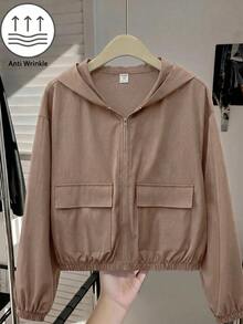 SHEIN Teen Girl Woven Solid Color Patch Pocket Short Loose Casual Hooded Autumn Winter Jacket , Holiday - Multicolor - View 9