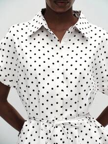Aveloria Modichic Women's Two Piece Set Fitted Waist Wide Leg Lapel Short Sleeve Belted High Waist Elegant Vintage White And Black Polka Dot Teachers' Day Office Summer - Multicolor - View 2