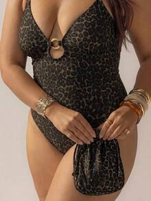 Aralina Curve Women Textured Fabric Detail One Piece Swimsuit Perfect For Beach Outfits And Summer Outfits - Brown - View 3