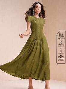 Arave Women's Woven Rayon Fabric Small Round Neck Regular Shoulder Short Sleeve Waist-Defining Striped Full Button Decor Design Casual Long Dress - Olive Green - View 6