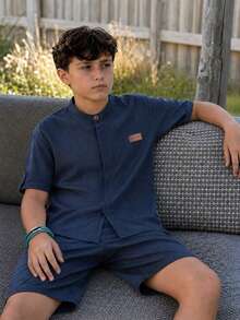 Casuvi Kids Boys New Korean Style Stand Collar Short Sleeve Shirt With Chest Patch Design And Shorts Casual 2 Pieces Set For Daily Wear - Navy Blue - View 8