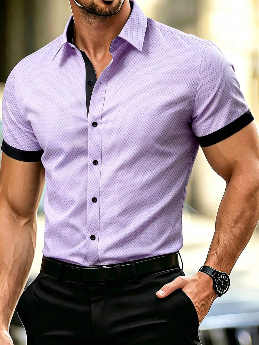 Manfinity Mode 男士商務格紋短袖單排扣通勤襯衫,儀式穿著 - 白色 - 查看 1