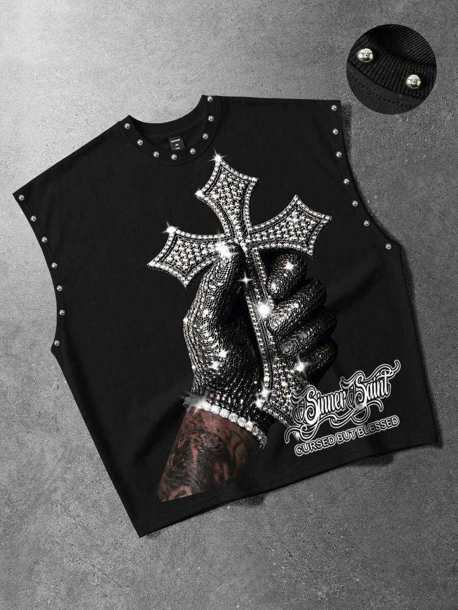 ROMWE MEN Street Life Men's Rivet Decor Printed Pattern Loose Tank Top - Black - View 1