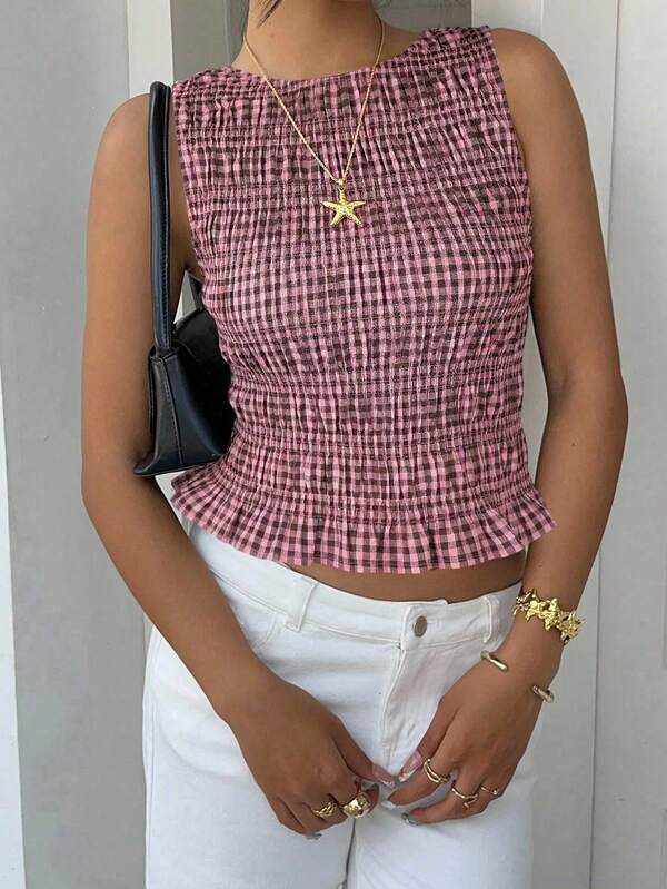 Girls (Big) Casual All-Match Versatile Daily Vacation Beach Pastoral Cute Sweet Round Neck Sleeveless Tank Top Plaid Shirt