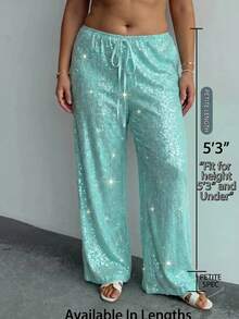 SHEIN PETITE CURVE 女款大尺碼時尚亮片直筒長褲 - 薄荷藍 - 查看 1