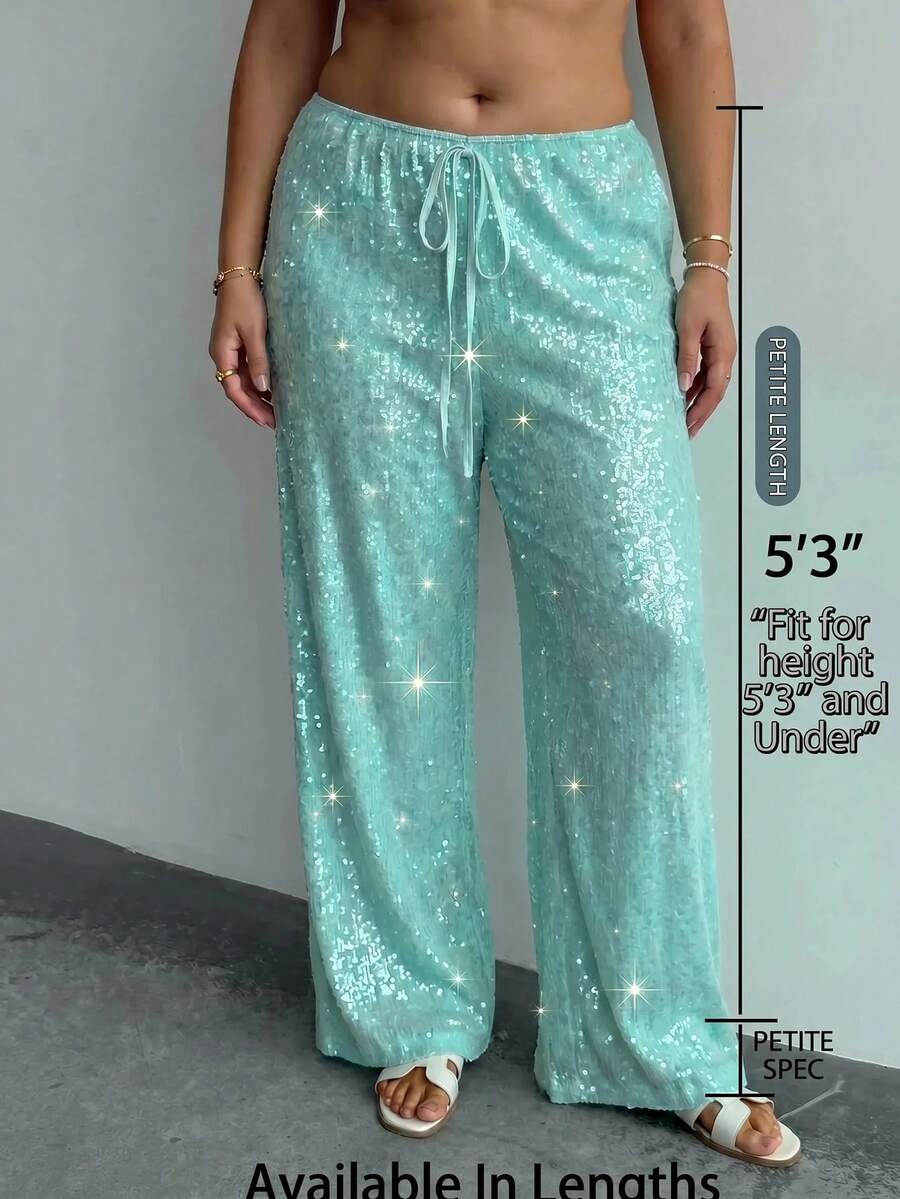 SHEIN PETITE CURVE 女款大尺碼時尚亮片直筒長褲 - 薄荷藍 - 查看 1