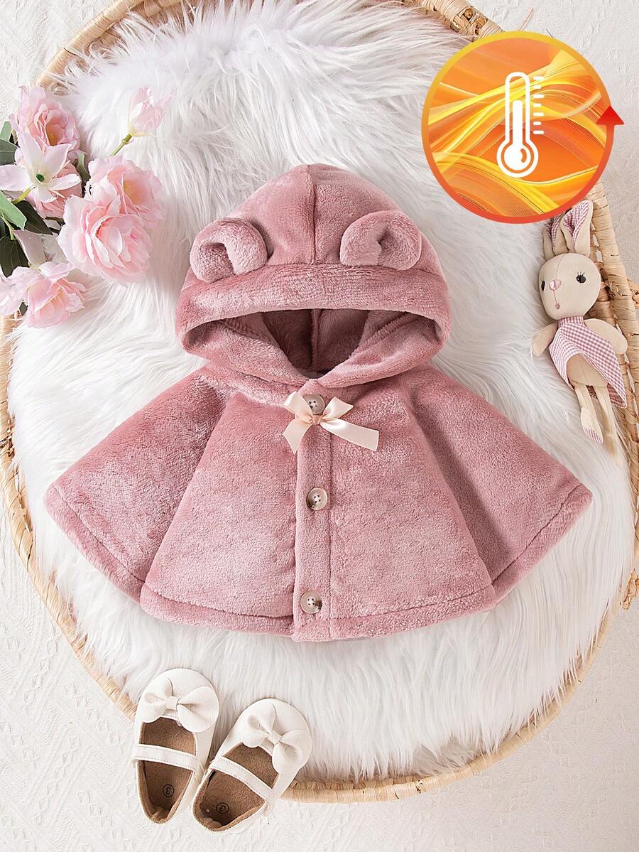 SHEIN 女婴毛绒连帽斗篷,可爱、舒适、温暖、厚实,2024 年秋冬新品 - 藕粉色 - 查看 1
