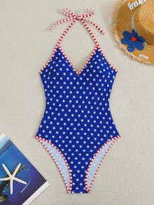 Swim Basics 夏季新款女款一件式復古豹紋掛脖細肩帶性感海灘度假休閒動物印花泳衣 - 藍白色 - 查看 2