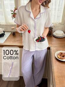 Snug Reverie Bộ đồ mặc nhà 100% cotton gồm áo tay ngắn cổ bẻ viền vỏ sò vân nổi màu kem + quần dài thường ngày màu tím khoai môn - Nhiều màu - Xem 4