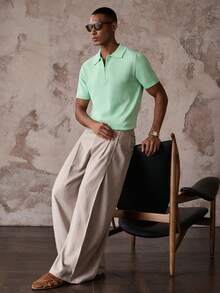 AKNOTIC Men's Solid Color Casual Versatile Daily Wear Knit Short Sleeve Top - Mint Green - View 3