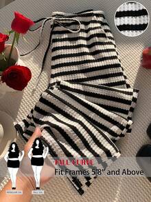 SHEIN Tall CURVE 加大码粉色条纹弹力腰裤 - 黑與白 - 查看 4