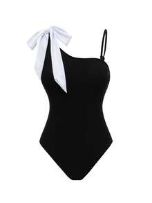 Swim Oasis Women's Summer Beach Vacation One-Shoulder Bow One-Piece Swimsuit With Cut-Out Beach Maxi Skirt - Black and White - View 4