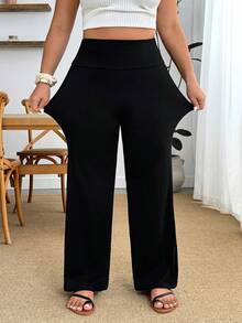SHEIN PETITE CURVE 大尺碼女款素色休閒百搭日常穿著長褲 秋季 - 黑色 - 查看 5