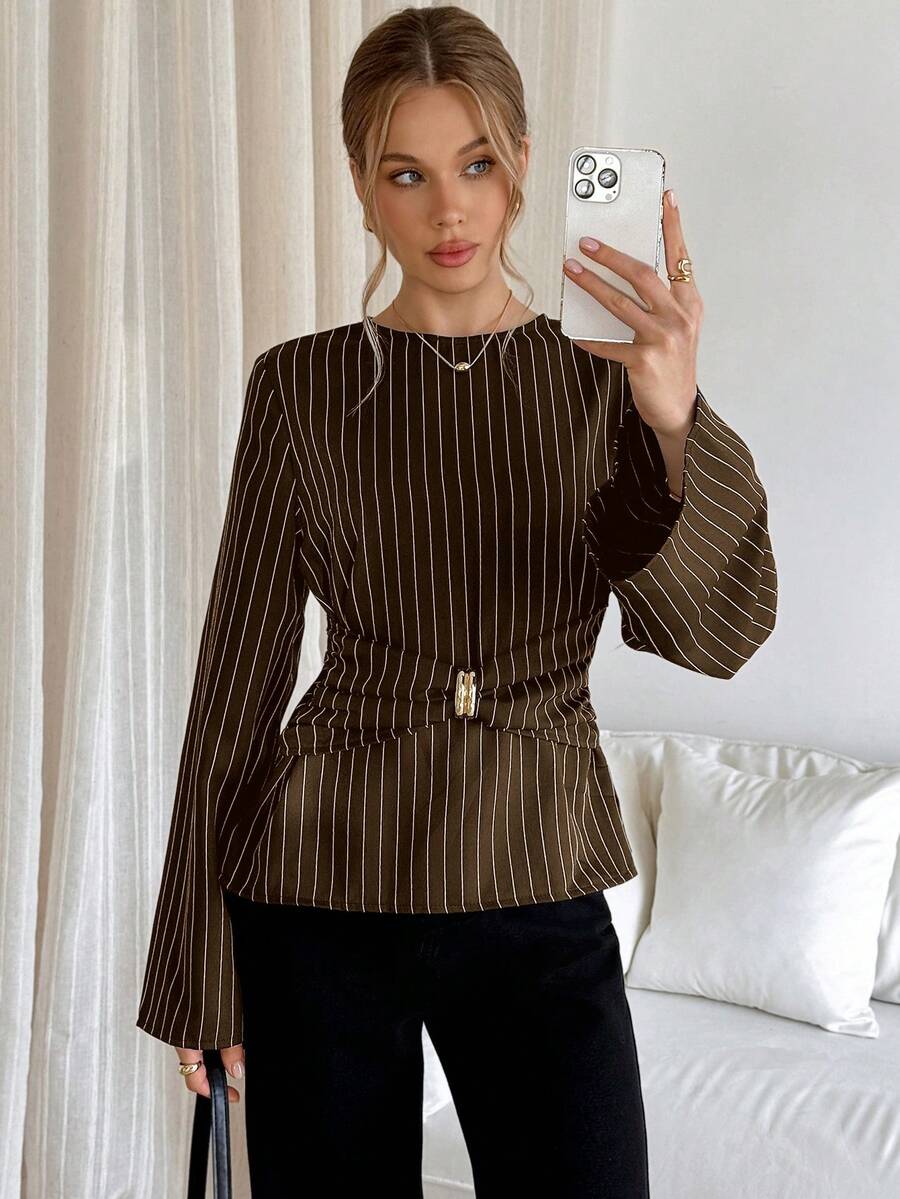 Siren Gaze Women's Casual Business Casual Commute Striped Bell Sleeve Blouse Work Brown Striped Autumn - Brown - View 1
