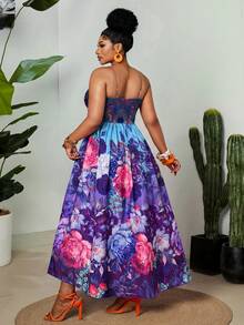 Maweii Vestido Maxi Elegante Vintage de Vacaciones con Estampado Floral Colorido, Plisado y Cruzado, sin Tirantes y sin Mangas, para Mujer Talla Grande, Primavera/Verano - Azul - Ver 2