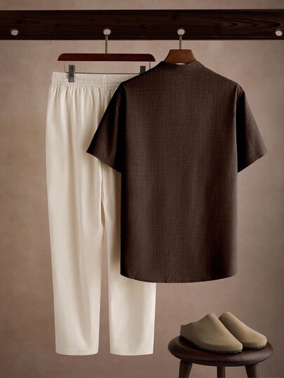 Core Aspect Men's Loose Colorblock 2-Piece Set, Khaki Brown Stand Collar V-Neck Shirt + Off-White Drawstring Wide Leg Pants, Z Generation Cityboy Street Style Summer Outfit