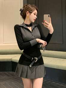 DAZY 女款條紋拼色休閒派對洋裝 夏季 - 黑色 - 查看 4