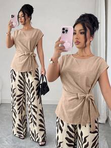 Elenzga Blouse décontractée sans manches ajustée pour femme, printemps/été, style élégant pour le travail, design plissé, taille cintrée et nœud papillon + Pantalon long décontracté pour femme, printemps/été, style élégant pour le travail, imprimé feuilles, taille cintrée, double poche, coupe ample à jambes larges - Multicolore - Voir 1