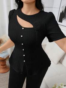 Modelyn Plus Size Women's Solid Color 3D Floral Decor Cutout Design Button Elegant Blouse Teachers' Day Office Black And White Summer - Black - View 3