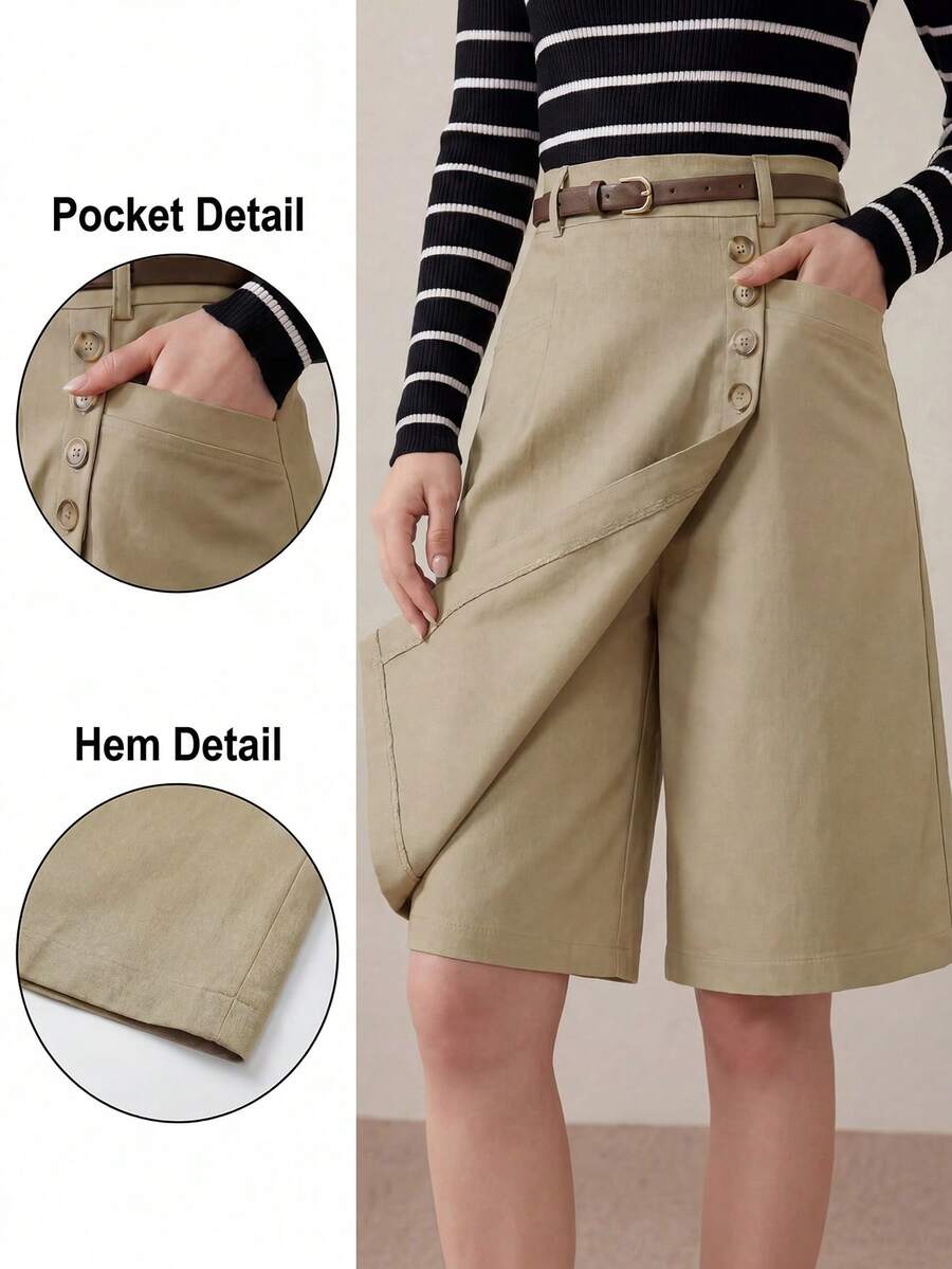 SHEIN LUNE Women's Casual Business Solid Color Summer Teachers' Day Commute Office Work Daily Basic Bermuda Suit Pants Khaki Autumn Going Out