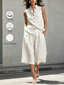 SHEIN Holidaya New Women's Summer Casual Vacation All Cotton White Top And White Pants 2-Piece Set, Summer, Autumn And Winter For Women, Women's White Casual Set, Women's Summer Vacation Outfit 2-Piece Set, Women's Elegant Comfortable 2-Piece Set, Women's Country Style Clothing 2-Piece Set, All Cotton White 2-Piece Set, Women's Beach Outfit 2-Piece Set, Women's Casual Top And Casual Pants 2-Piece Set, Suitable For Outings, Dates And Vacations - White - View 2
