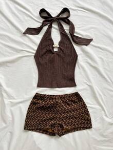 SHEIN Tween Girl Solid Color Metal Decor Halter Top And Shorts Casual Tropical Daily Outfit Vacation Chocolate Brown Shades Of Brown Summer For Tween Girl - Coffee Brown - View 5