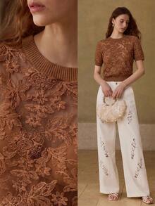 MOTF PREMIUM WOMEN'S EMBROIDERED MESH SEXY SHORT SLEEVE TOP - Rust Brown - View 5