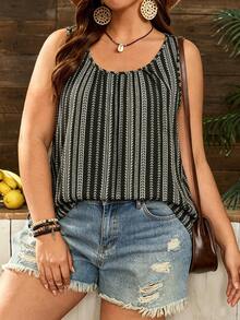 EMERY ROSE Plus Size Women's Black And White Round Neck Pleated Loose Tank Top, Suitable For Spring And Summer Vacation Boho - Multicolor - View 5