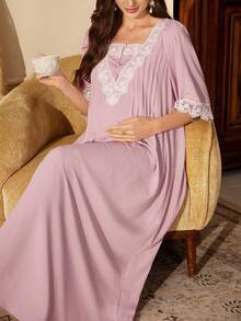 PalaceNights French Vintage Maternity Dress, Lace Loose Fit Maternity Maxi Dress, Gentle Style Home Dress - Dusty Pink - View 3