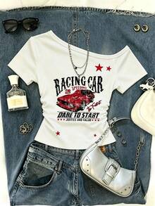 IslaSuriya Women's Casual Fashion Street Car Slogan Print Asymmetrical Neck Ruffle Fitted T-Shirt, Summer - White - View 1