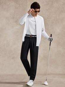 Courvante Golf 白色男士拉鍊運動外套，秋季運動休閒基本款健身上衣，休閒素色長袖透氣慢跑風夾克，網球 - 白色 - 查看 2