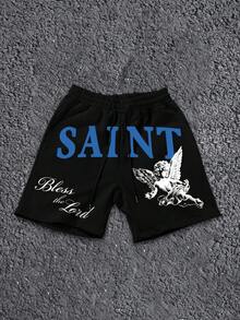 Manfinity LEGND Quần short nam phong cách tôn giáo Mỹ, họa tiết thiên thần vintage, in mài cũ phong cách vintage, các vị thánh và thiên thần, niềm tin, mặc hàng ngày - màu đen - Xem 2