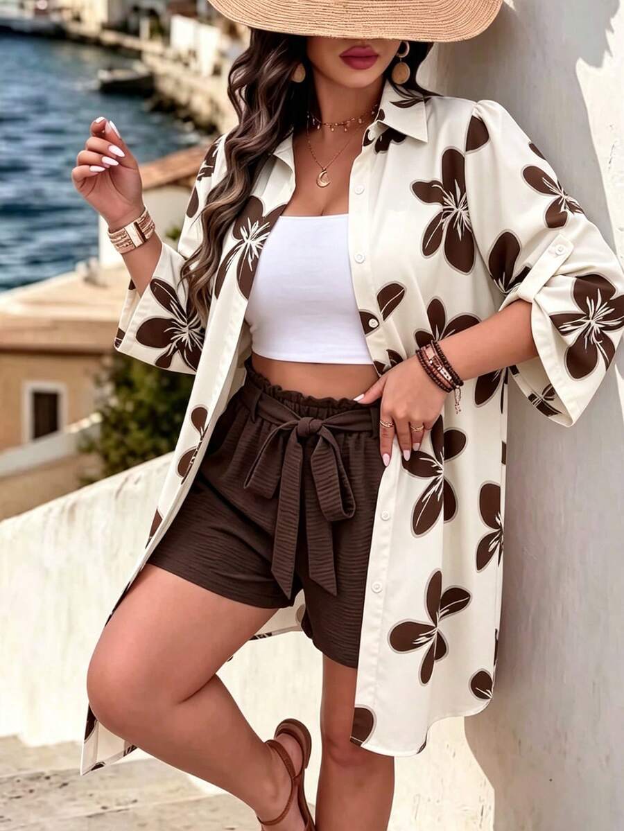 EMERY ROSE Summer Brown Apricot Print Vacation Style Beach Seaside Outfit Comfortable Top Shirt + Shorts Plus Size 2 Pieces Set Fall - Coffee Brown - View 1