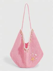 ROMWE Kawaii 1件熱帶海洋海灘度假風編織鏤空女款單肩托特包，大容量海灘包 - 粉色 - 查看 1