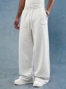 PAVTROS Men's Letter Print Drawstring Waist Pocket Casual Sweatpants - Grey - View 3