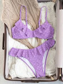 Swim Mod 女款夏季海灘度假波點碎花印花荷葉邊比基尼套裝 - 淡紫色 - 查看 3