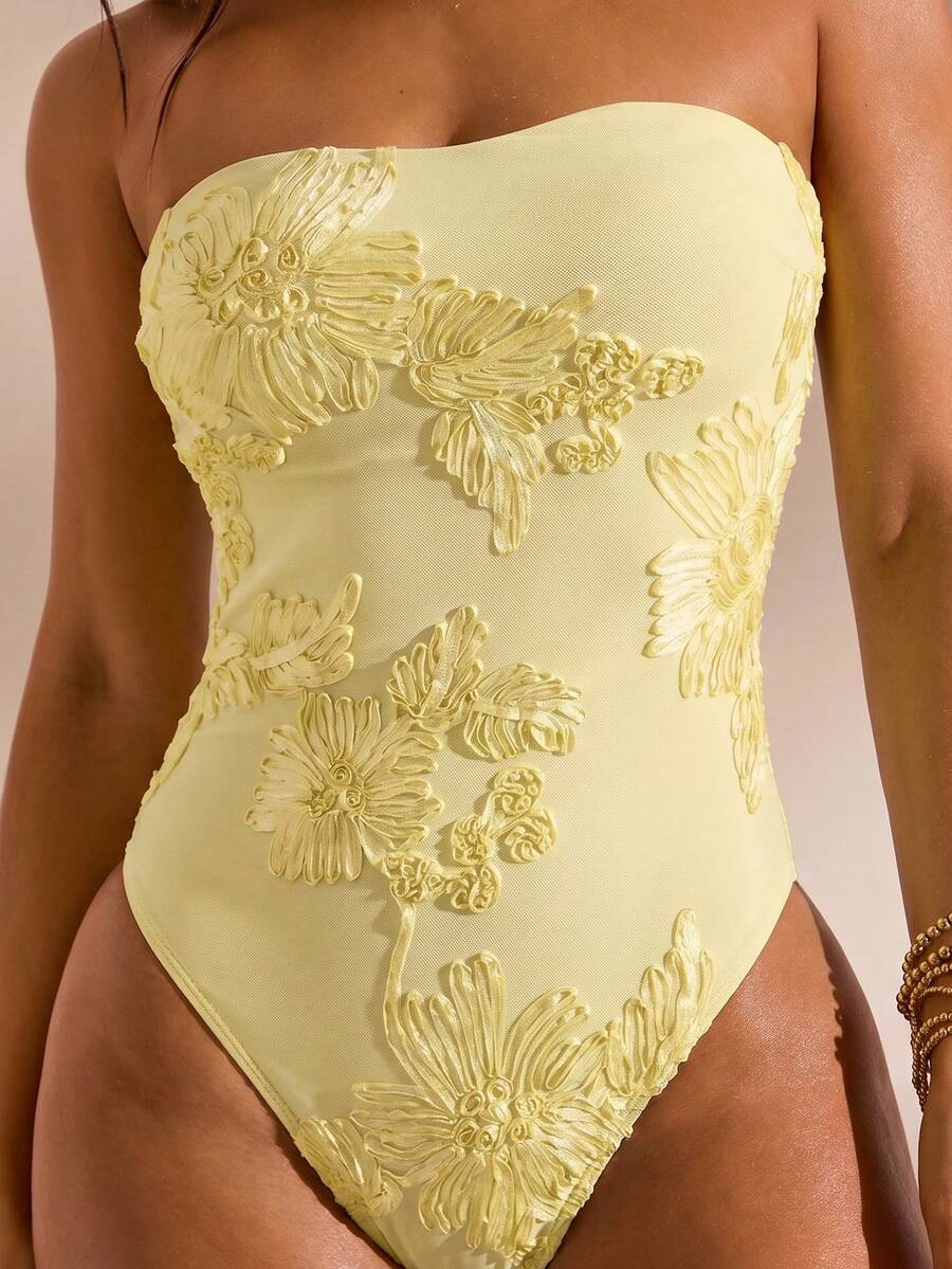 Opulessa Solid Color Knit Fitted Halter Neck One-Piece Swimsuit For Women - Light Yellow - View 1