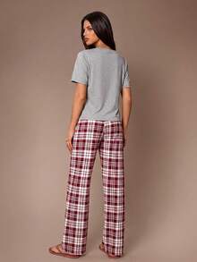 SHEIN Letter Graphic Tee & Plaid Print Pants PJ Set / Pajama Set - Multicolor - View 2
