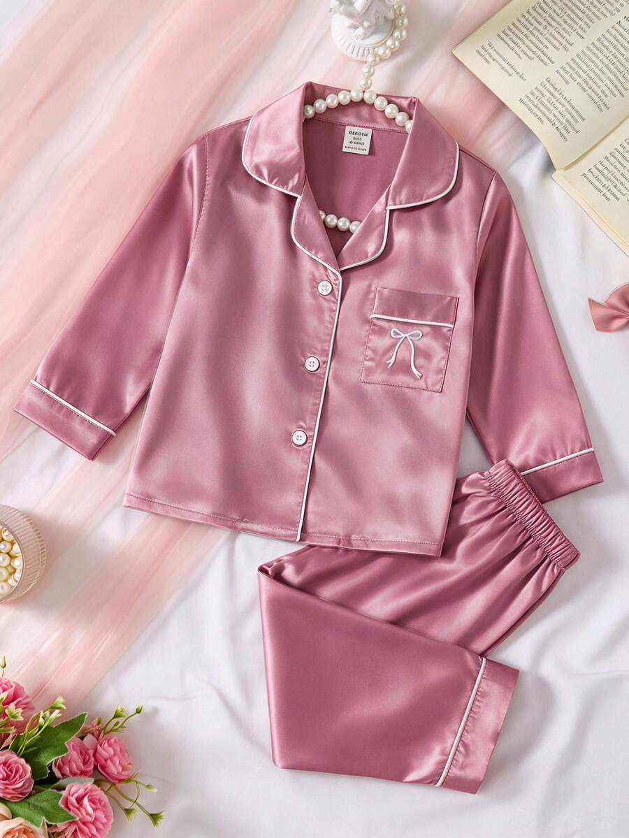 女嬰粉色蝴蝶結印花長袖褲子 2 件套居家休閒服 春夏秋冬 - 粉色 - 查看 1