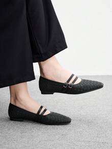 CUCCOO BIZCHIC 女款編織雙扣方頭平底瑪麗珍鞋，復古法式軟底鞋，舒適百搭日常通勤女鞋 - 黑色 - 查看 10
