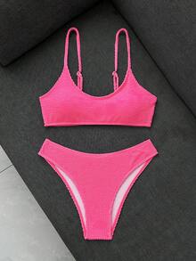 SHEIN Swim Conjunto de bikini de unicolor para vacaciones en la playa - Rosa Fucsia - Ver 9