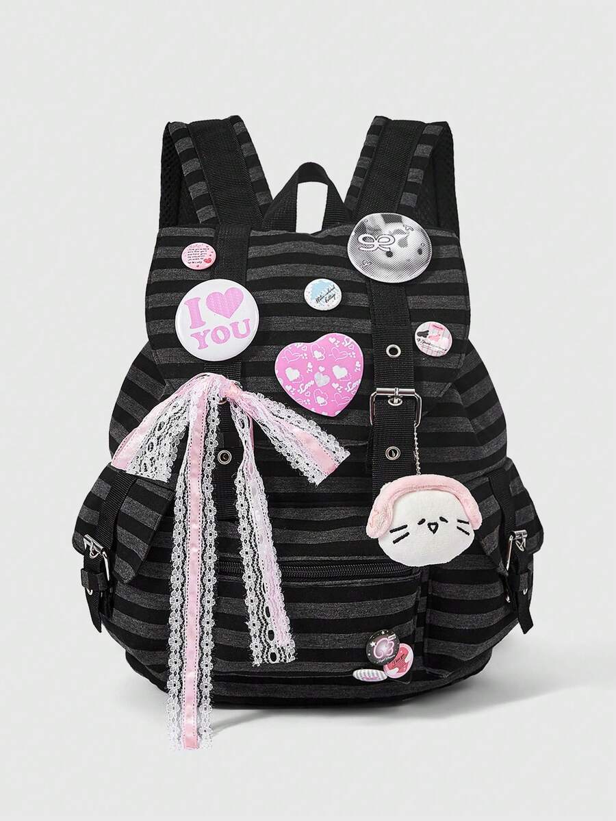 ROMWE Anime Punk Academy Style Striped Large-Capacity Backpack, Badge Decoration, Stylish Casual Backpack Suitable For School, Commute, Travel - badge stripe - View 1